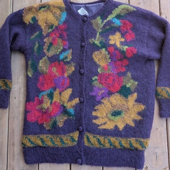 Vintage 1993 Susan Bristol Mohair Blend Floral Pattern Cardigan Size Large - Picture 1 of 11
